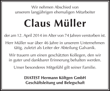 Traueranzeige von Claus Müller von Echo-Zeitungen (Gesamtausgabe)