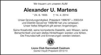 Traueranzeige von Alexander Martens von Echo-Zeitungen (Gesamtausgabe)