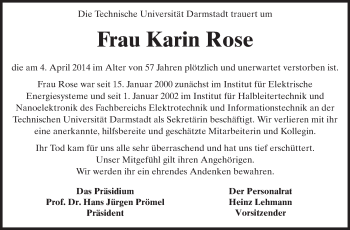 Traueranzeige von Karin Rose von Echo-Zeitungen (Gesamtausgabe)