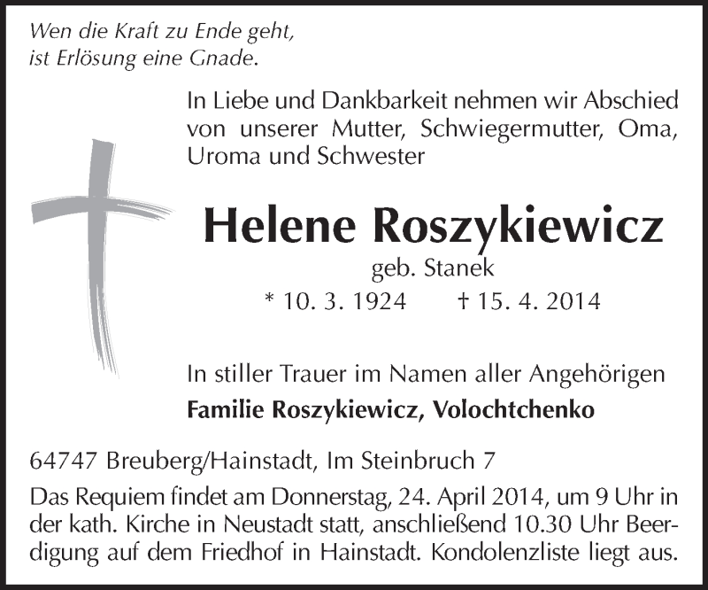  Traueranzeige für Helene Roszykiewicz vom 22.04.2014 aus Odenwälder Echo