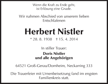 Traueranzeige von Herbert Nistler von Rüsselsheimer Echo, Groß-Gerauer-Echo, Ried Echo