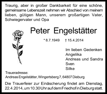 Traueranzeige von Peter Engelstätter von Echo-Zeitungen (Gesamtausgabe)