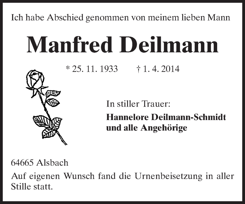  Traueranzeige für Manfred Deilmann vom 19.04.2014 aus Echo-Zeitungen (Gesamtausgabe)
