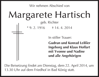 Traueranzeige von Margarete Hartisch von Odenwälder Echo
