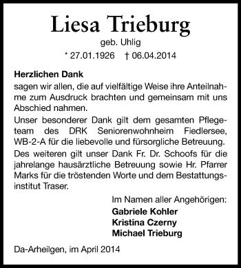 Traueranzeige von Liesa Trieburg von Echo-Zeitungen (Gesamtausgabe)