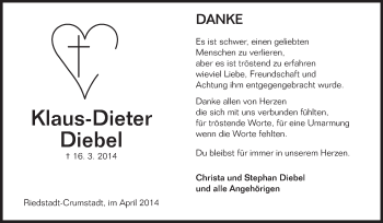 Traueranzeige von Klaus-Dieter Diebel von Echo-Zeitungen (Gesamtausgabe)