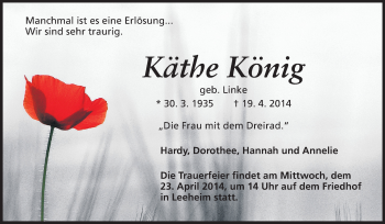 Traueranzeige von Käthe König von Rüsselsheimer Echo, Groß-Gerauer-Echo, Ried Echo