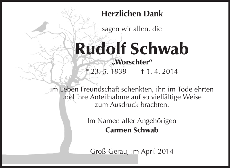  Traueranzeige für Rudolf Schwab vom 26.04.2014 aus Rüsselsheimer Echo, Groß-Gerauer-Echo, Ried Echo