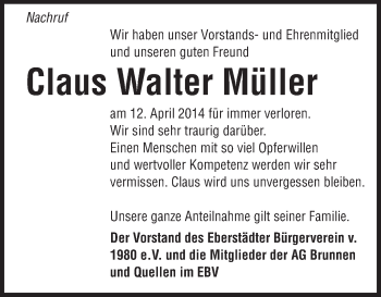 Traueranzeige von Claus Walter Müller von Echo-Zeitungen (Gesamtausgabe)