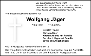 Traueranzeige von Wolfgang Jäger von Echo-Zeitungen (Gesamtausgabe)