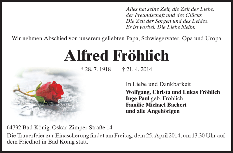  Traueranzeige für Alfred Fröhlich vom 24.04.2014 aus Darmstädter Echo