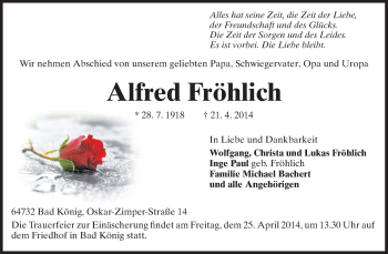 Traueranzeige von Alfred Fröhlich von Darmstädter Echo