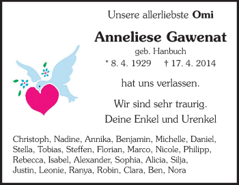 Traueranzeige von Anneliese Gawenat von Echo-Zeitungen (Gesamtausgabe)