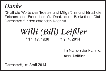 Traueranzeige von Willi Leißler von Echo-Zeitungen (Gesamtausgabe)