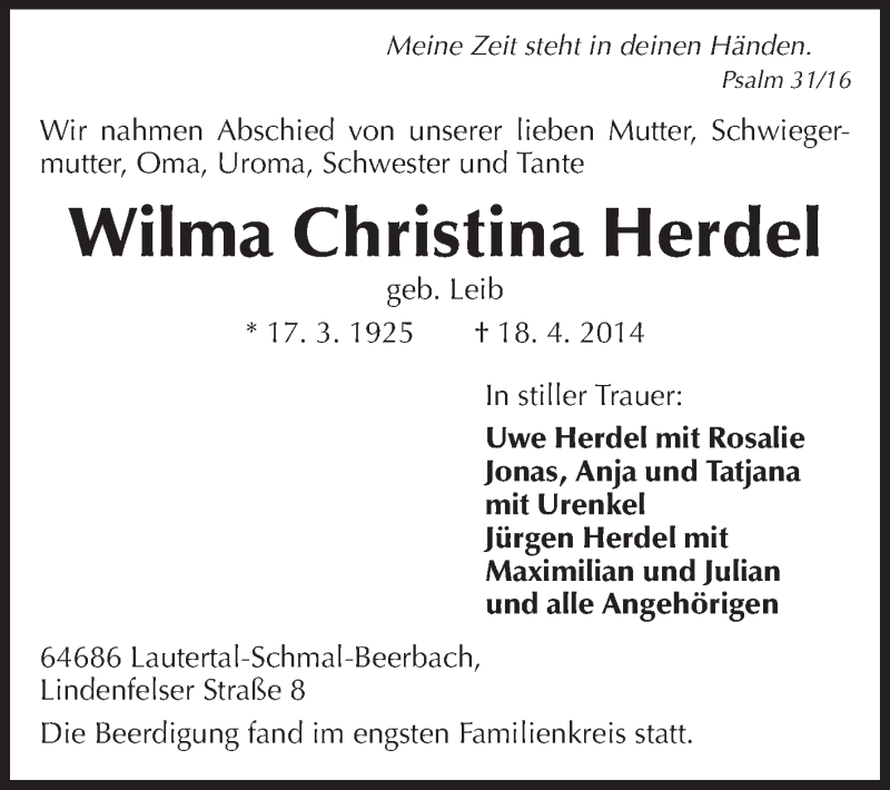  Traueranzeige für Wilma Christina Herdel vom 26.04.2014 aus Echo-Zeitungen (Gesamtausgabe)