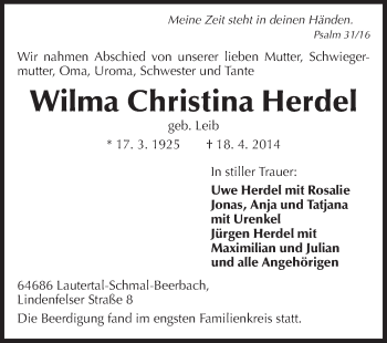 Traueranzeige von Wilma Christina Herdel von Echo-Zeitungen (Gesamtausgabe)