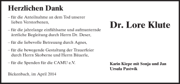 Traueranzeige von Lore Klute von Echo-Zeitungen (Gesamtausgabe)