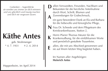 Traueranzeige von Käthe Antes von Starkenburger Echo