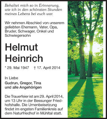 Traueranzeige von Helmut Heinrich von Echo-Zeitungen (Gesamtausgabe)