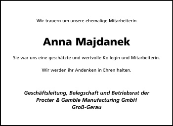 Traueranzeige von Anna Majdanek von Rüsselsheimer Echo, Groß-Gerauer-Echo, Ried Echo
