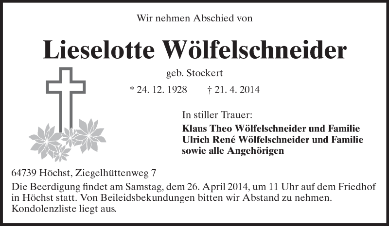  Traueranzeige für Lieselotte Wölfelschneider vom 24.04.2014 aus Odenwälder Echo