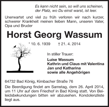 Traueranzeige von Horst Georg Wassum von Odenwälder Echo