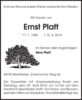 Traueranzeige von Ernst Platt von Odenwälder Echo