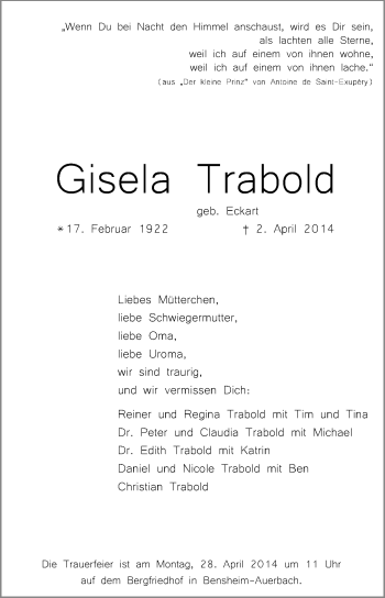 Traueranzeige von Gisela Trabold von Echo-Zeitungen (Gesamtausgabe)