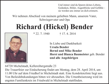 Traueranzeige von Richard Hickel von Odenwälder Echo