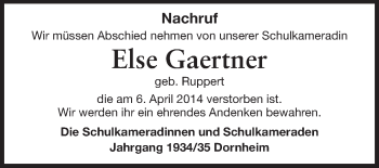 Traueranzeige von Else Gaertnar  von Rüsselsheimer Echo, Groß-Gerauer-Echo, Ried Echo