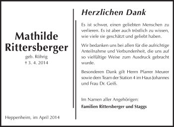 Traueranzeige von Mathilde Rittersberger von Starkenburger Echo