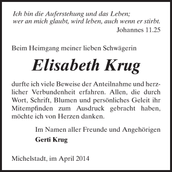 Traueranzeige von Elisabeth Krug von Odenwälder Echo