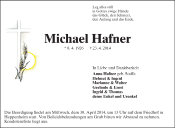 Traueranzeige von Michael Hafner von Starkenburger Echo