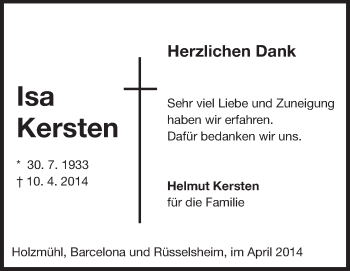 Traueranzeige von Isa Kersten von Rüsselsheimer Echo, Groß-Gerauer-Echo, Ried Echo