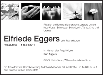 Traueranzeige von Elfriede Eggers von Rüsselsheimer Echo, Groß-Gerauer-Echo, Ried Echo