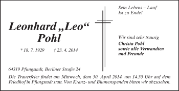 Traueranzeige von Leonhard Pohl von Echo-Zeitungen (Gesamtausgabe)