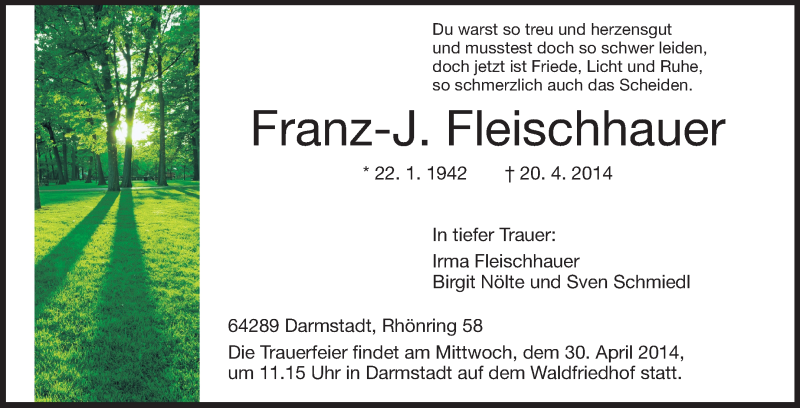  Traueranzeige für Franz-J. Fleischhauer vom 26.04.2014 aus Echo-Zeitungen (Gesamtausgabe)