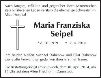 Traueranzeige von Maria Franziska Seipel von Echo-Zeitungen (Gesamtausgabe)