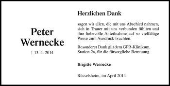 Traueranzeige von Peter Wernecke von Rüsselsheimer Echo, Groß-Gerauer-Echo, Ried Echo