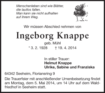 Traueranzeige von Ingeborg Knappe von Echo-Zeitungen (Gesamtausgabe)