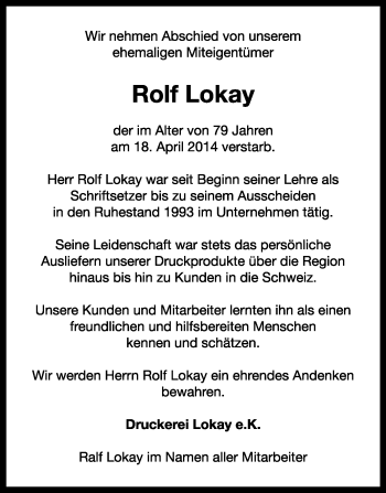 Traueranzeige von Rolf Lokay von Echo-Zeitungen (Gesamtausgabe)
