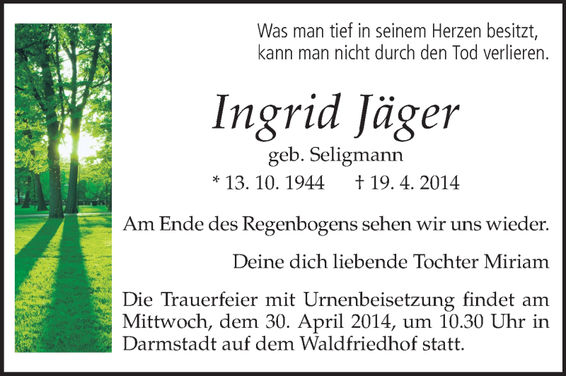  Traueranzeige für Ingrid Jäger vom 26.04.2014 aus Echo-Zeitungen (Gesamtausgabe)