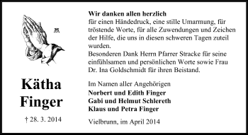 Traueranzeige von Kätha Finger von Odenwälder Echo