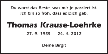 Traueranzeige von Thomas Krause-Loehrke von Echo-Zeitungen (Gesamtausgabe)