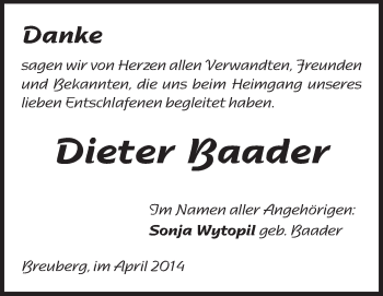 Traueranzeige von Dieter Baader von Echo-Zeitungen (Gesamtausgabe)