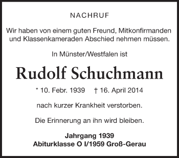 Traueranzeige von Rudolf Schuchmann von Rüsselsheimer Echo, Groß-Gerauer-Echo, Ried Echo