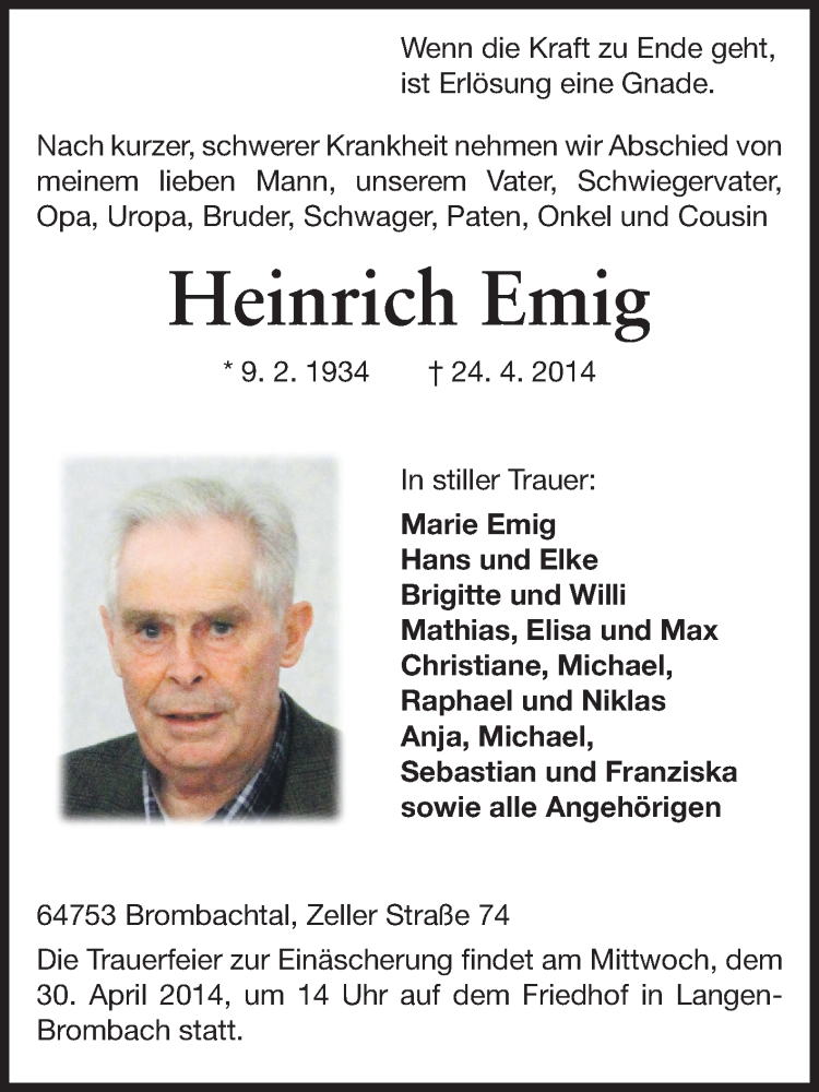  Traueranzeige für Heinrich Emig vom 26.04.2014 aus Odenwälder Echo