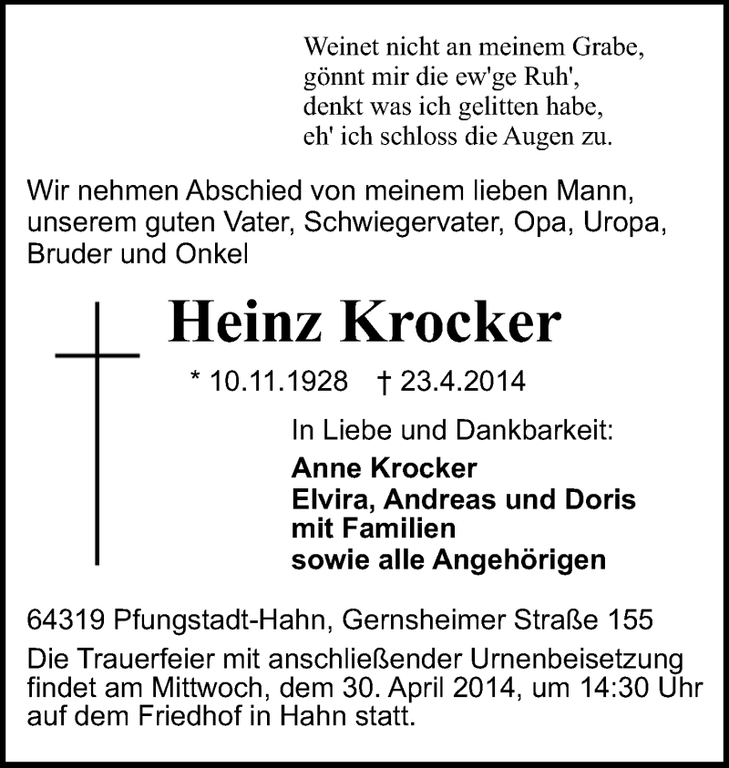  Traueranzeige für Heinz Krocker vom 26.04.2014 aus Echo-Zeitungen (Gesamtausgabe)