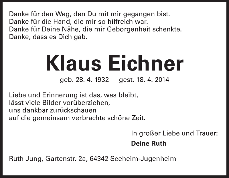  Traueranzeige für Klaus Eichner vom 26.04.2014 aus Echo-Zeitungen (Gesamtausgabe)
