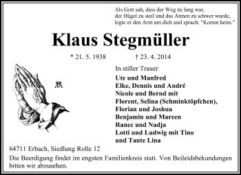 Traueranzeige von Klaus Stegmüller von Odenwälder Echo